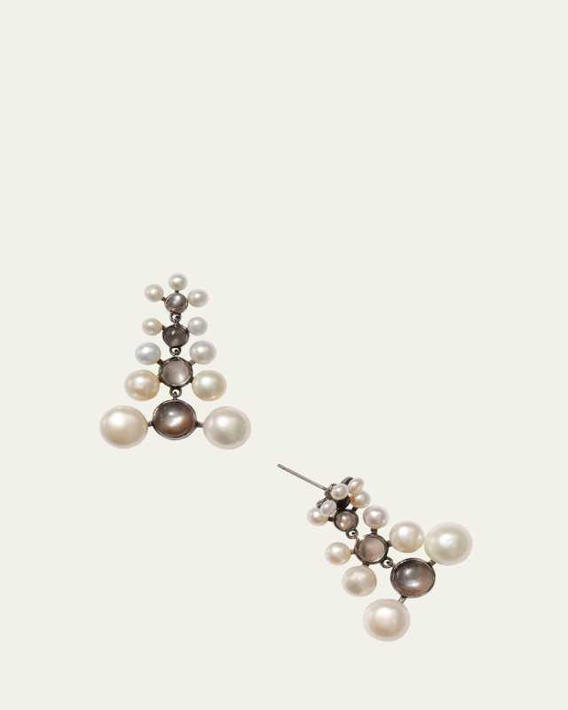 Siren Earrings with Pearls and Black Sheen Moonstone Cabochons